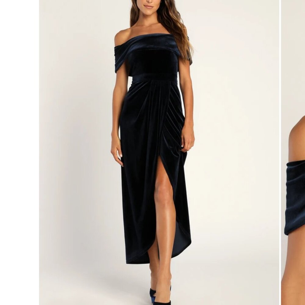 Lulu's Black Off-Shoulder Velvet Slit Midi Dress